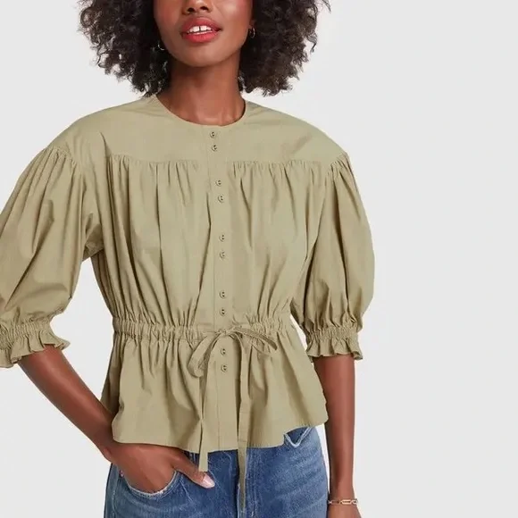 Ulla Johnson Tan Button-Up Minnie Peplum Blouse - Picture 12 of 12